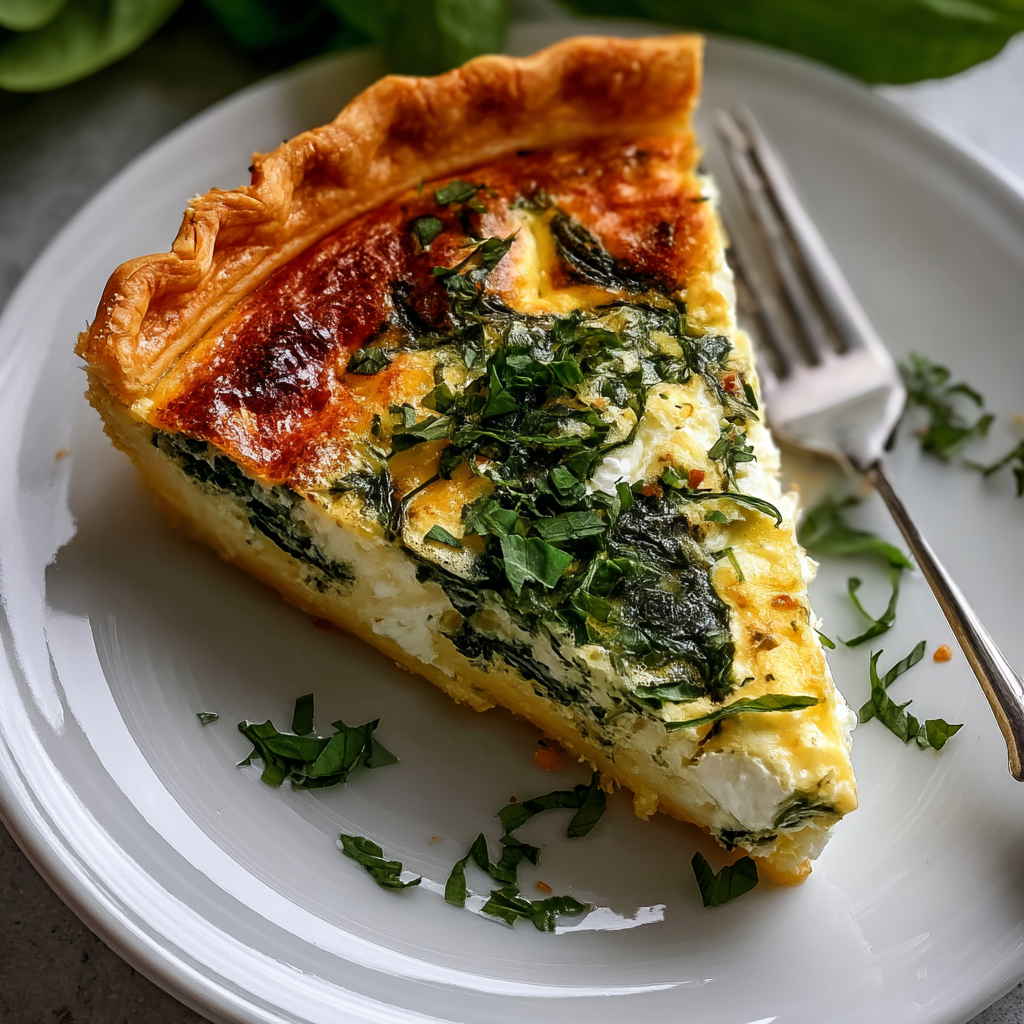 Freshly baked spinach feta quiche in pie dish
