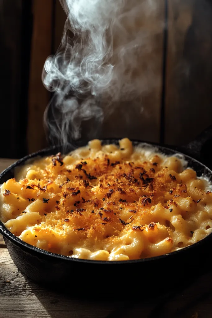Serving of smoked macaroni and cheese with cheese pull and golden crust