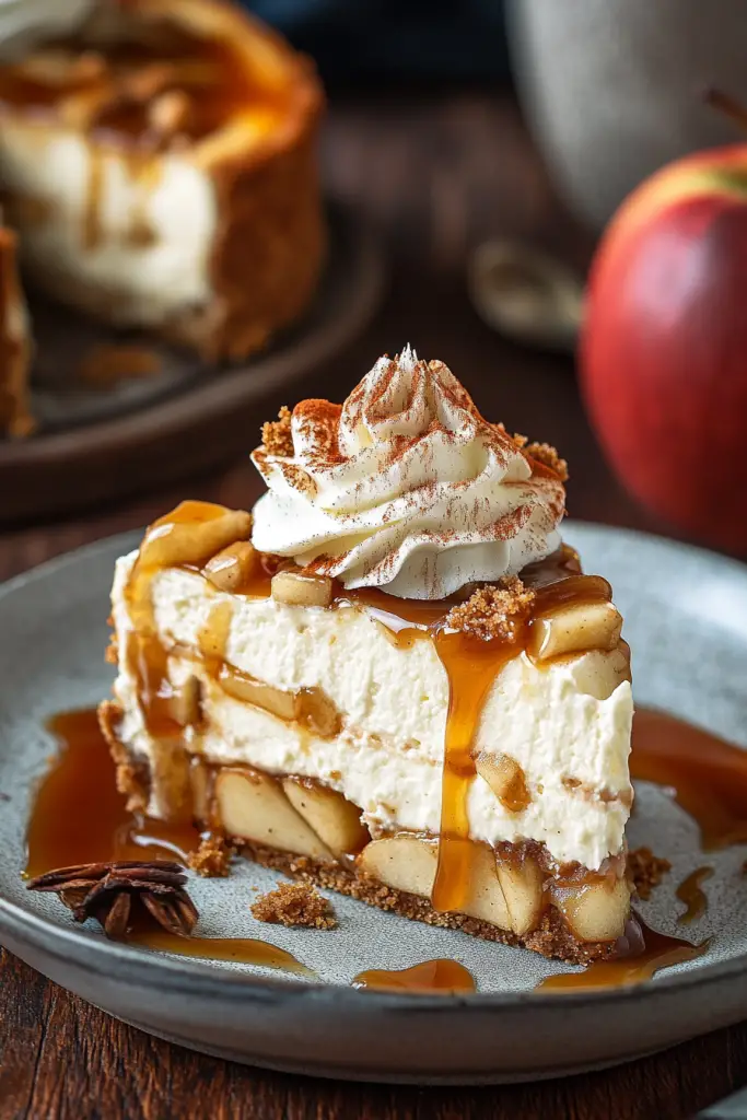 Close-up of Caramel Apple Blondie Cheesecake slice with caramel drizzle and cinnamon whipped cream, perfect for autumn gatherings.
