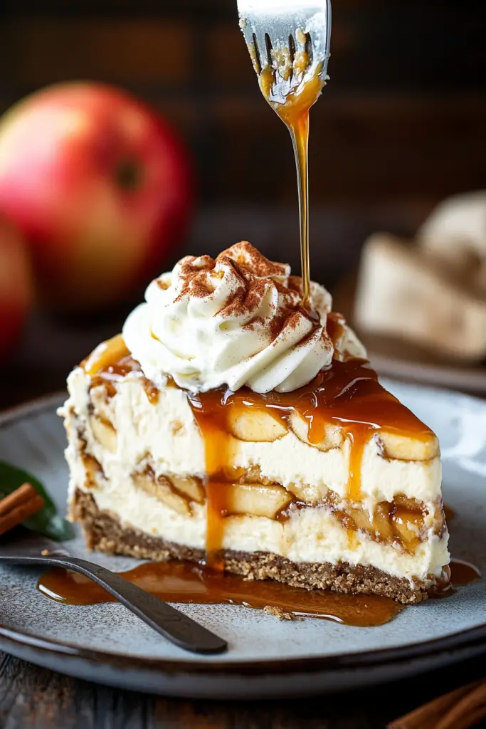 A slice of Caramel Apple Blondie Cheesecake on a rustic ceramic plate, showcasing layered blondie, caramel cheesecake, cinnamon apples, and whipped cream.