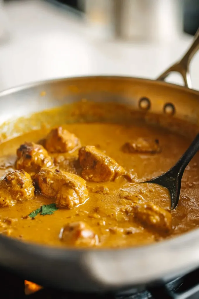 Creamy pumpkin coconut chicken curry in a skillet with fresh herbs