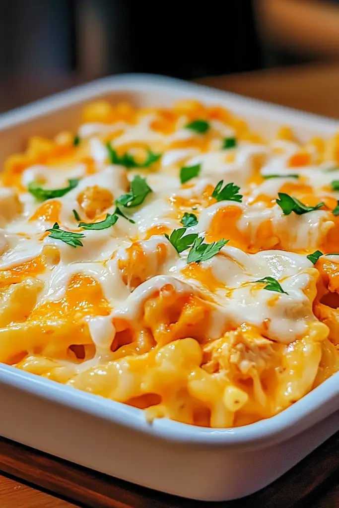 Close-up of crispy breadcrumb topping on Buffalo Chicken Mac and Cheese casserole