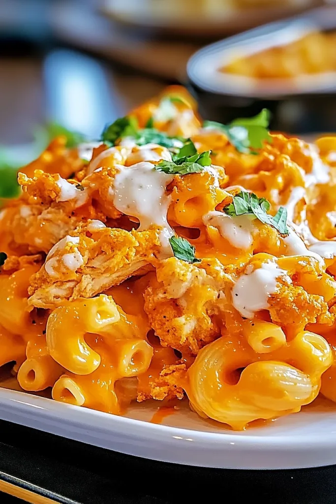 Creamy cheese sauce being poured over elbow macaroni and shredded buffalo chicken