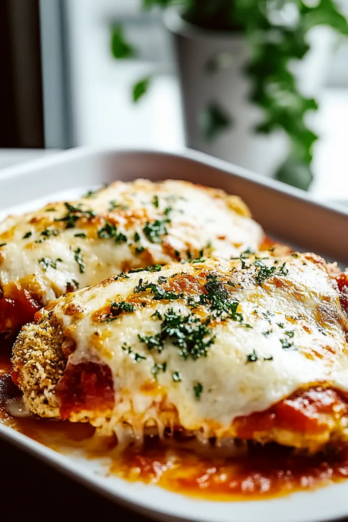 Golden brown Chicken Parmesan with bubbling mozzarella cheese