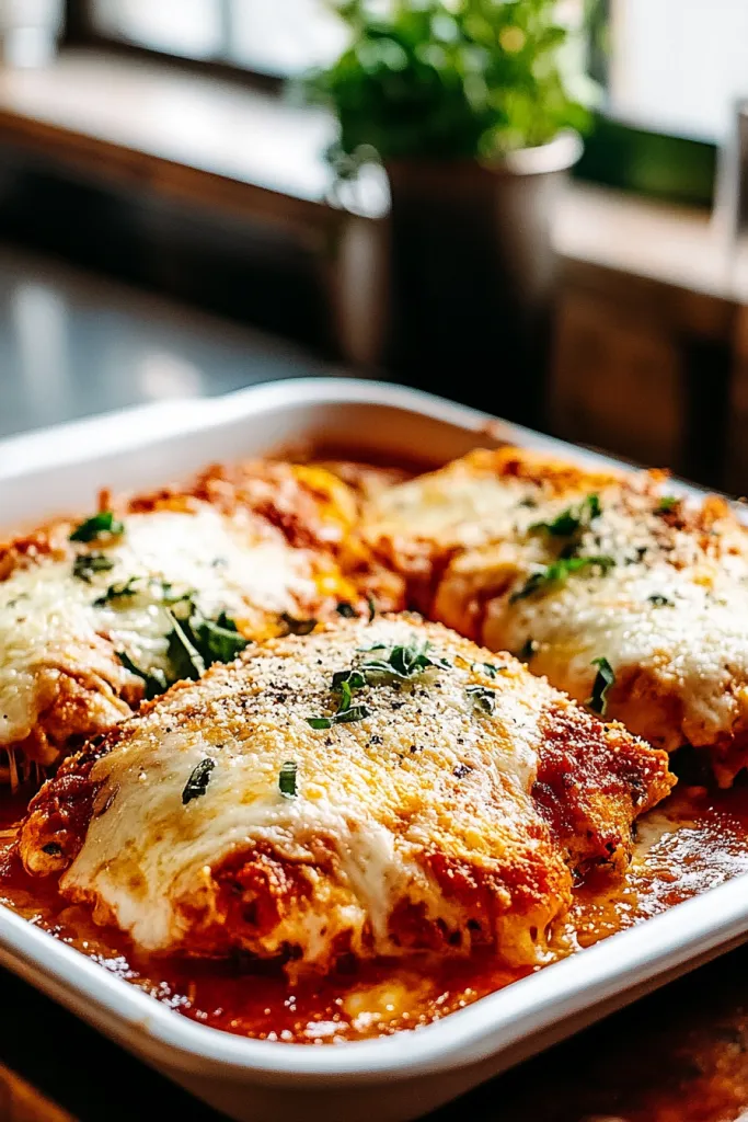 Breaded chicken cutlet topped with marinara and basil
