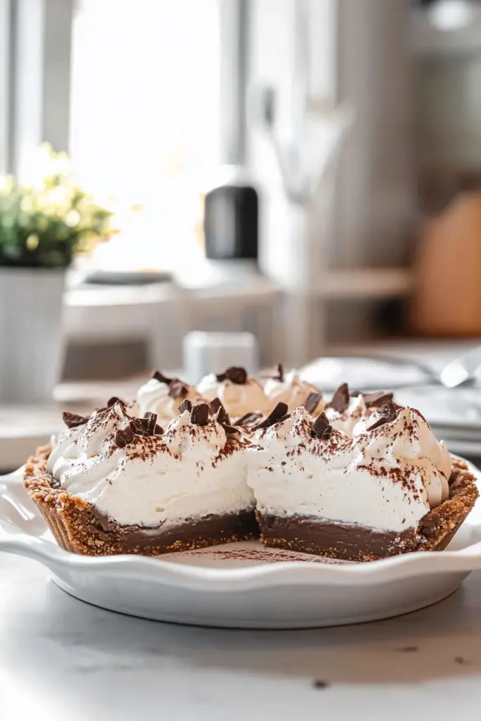 Close-up of chocolate mousse filling showing creamy texture, with cookie crust and whipped cream layer on top.