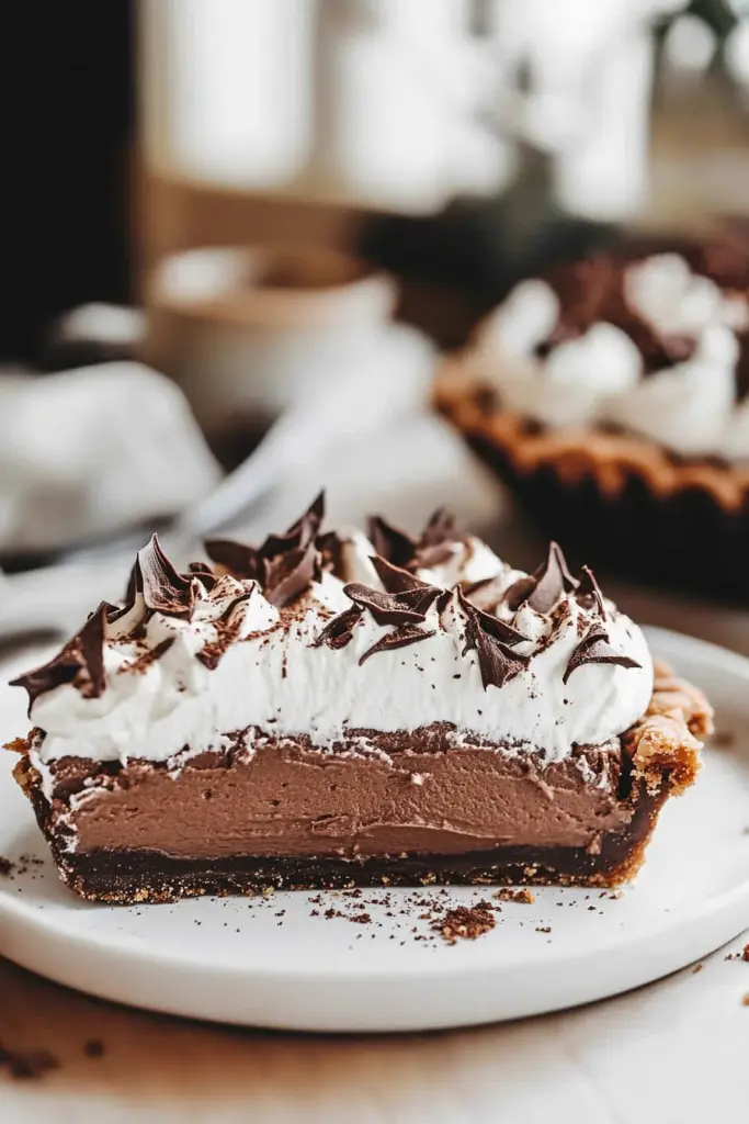 A rich slice of chocolate mousse pie on a white plate, topped with whipped cream and chocolate shavings.