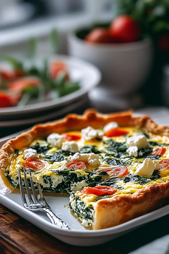 Ingredients for spinach feta quiche on countertop