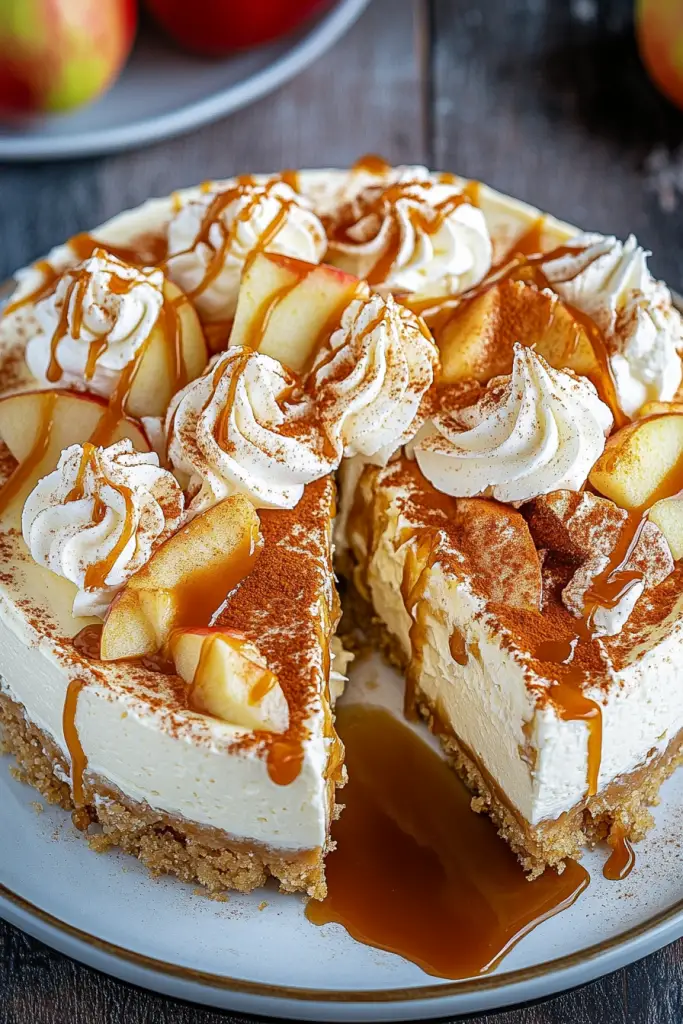 Overhead view of the fully assembled Caramel Apple Blondie Cheesecake topped with cinnamon apples, caramel drizzle, and piped whipped cream, with a slice being served.