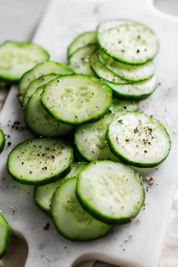 Fresh cucumber slices on marble cutting board with everything bagel seasoning