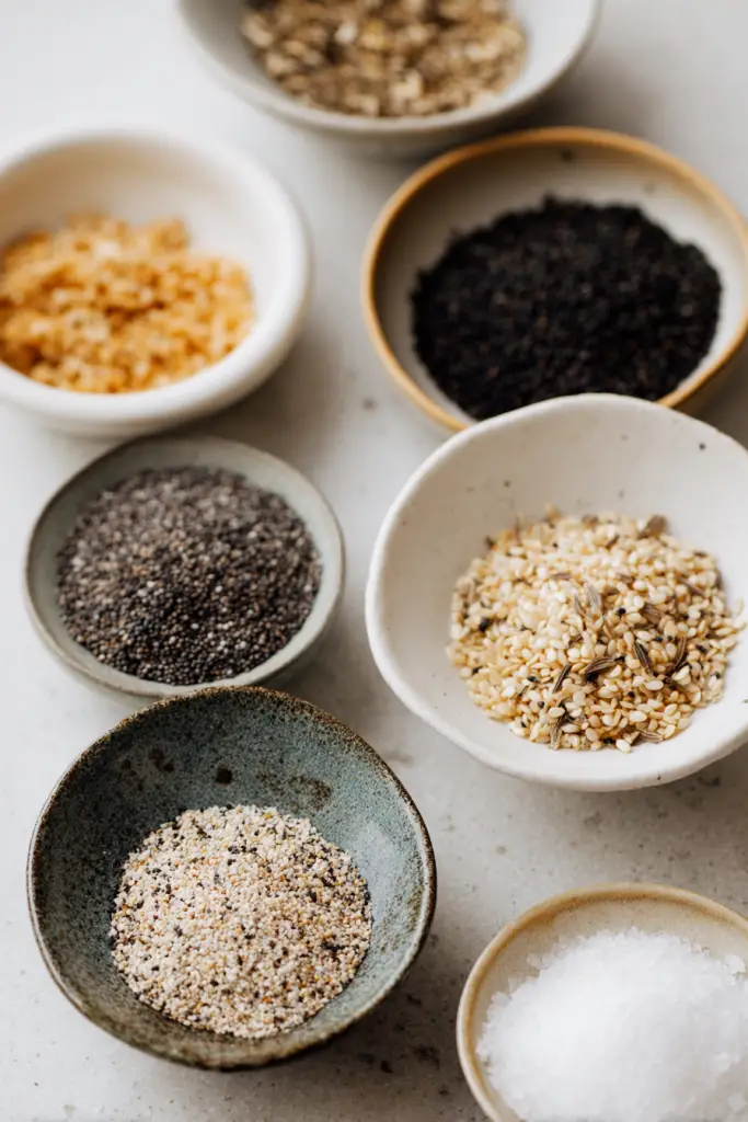 Everything bagel seasoning ingredients in small bowls - poppy seeds sesame seeds garlic onion