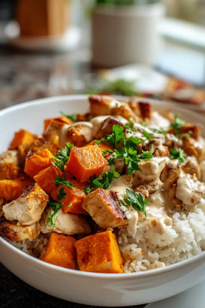 chicken and sweet potato rice bowl