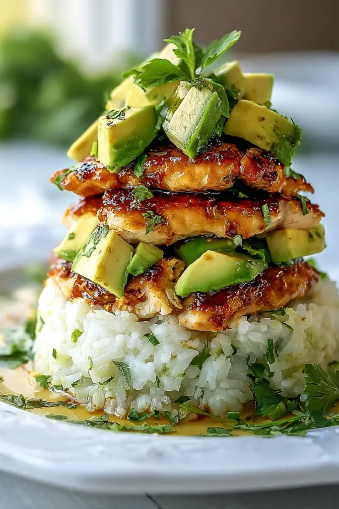 Honey Lime Chicken Avocado Rice Stack
