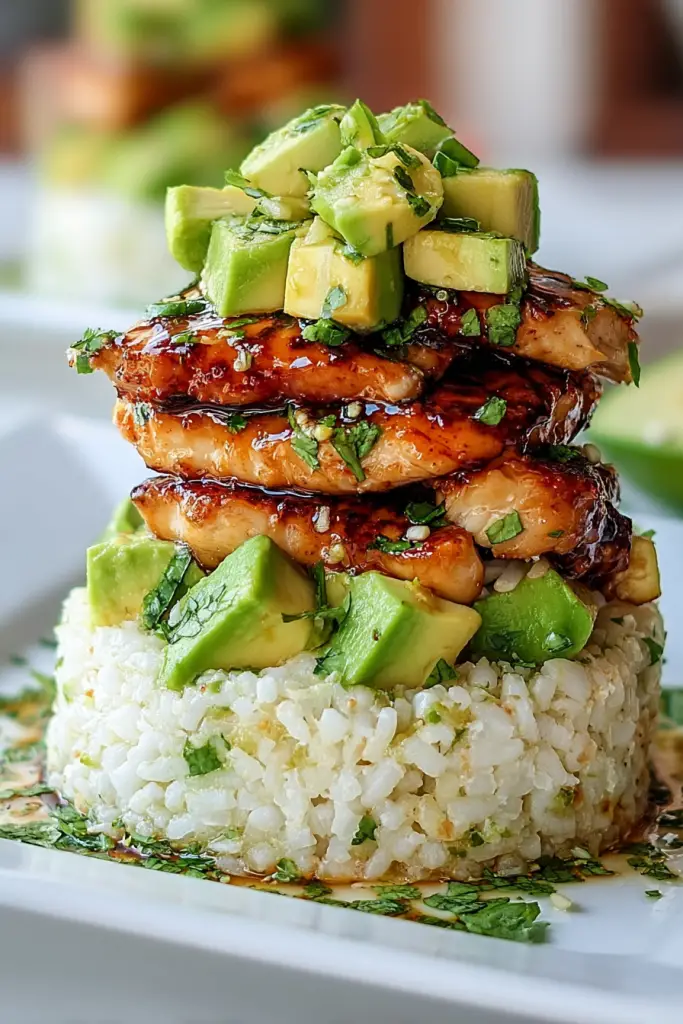 Honey Lime Chicken Avocado Rice Stack