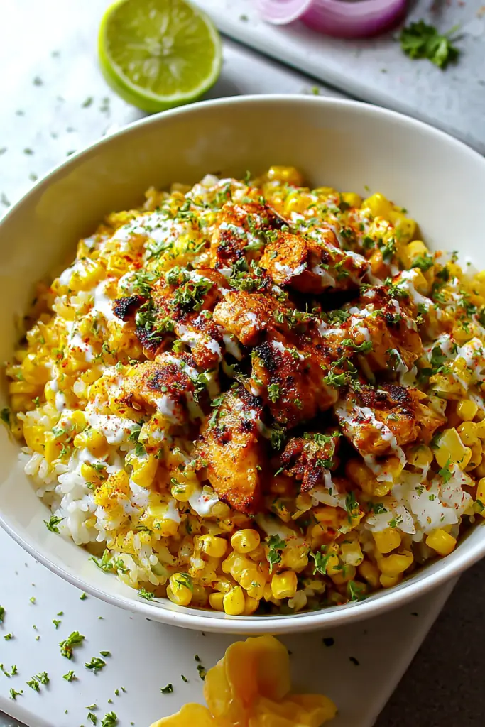 street corn chicken rice bowl