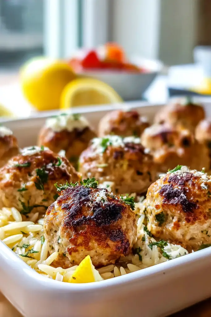 Greek Chicken Meatballs with Lemon Orzo