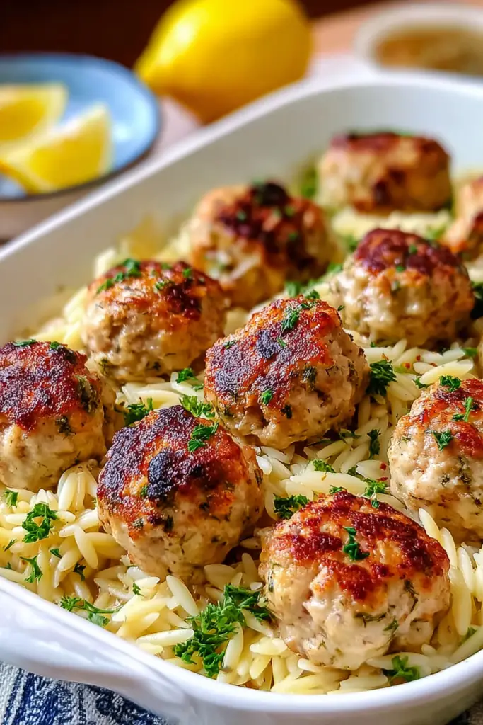 Greek Chicken Meatballs with Lemon Orzo