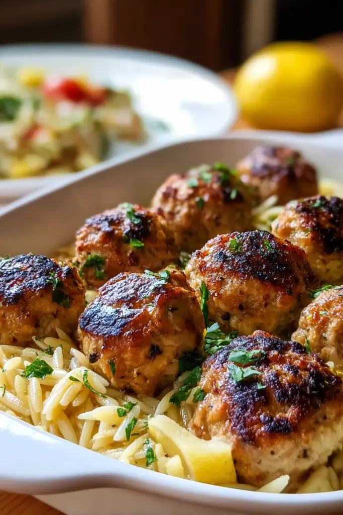 Greek Chicken Meatballs with Lemon Orzo