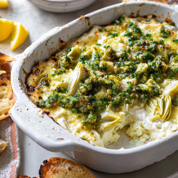 Baked Feta Artichoke Dip with Olive Gremolata