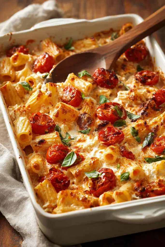 Baked feta pasta with burst cherry tomatoes and fresh basil in a white baking dish