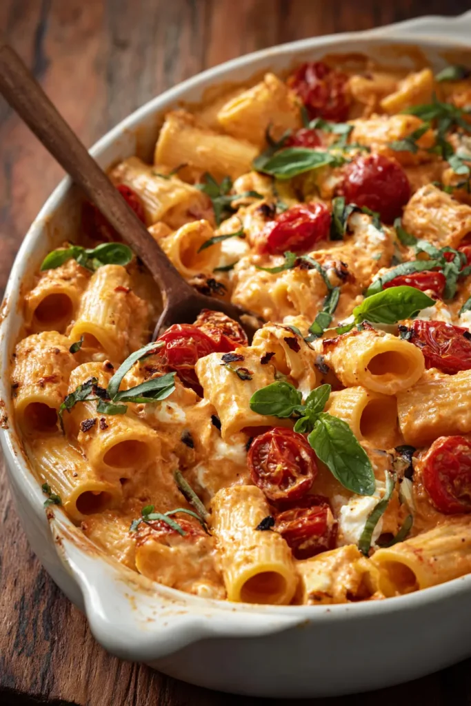 Overhead bowl of creamy feta pasta with parmesan and basil