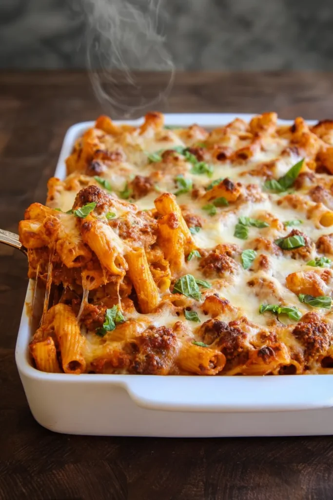 Spoon lifting a portion of baked ziti with stretching melted cheese