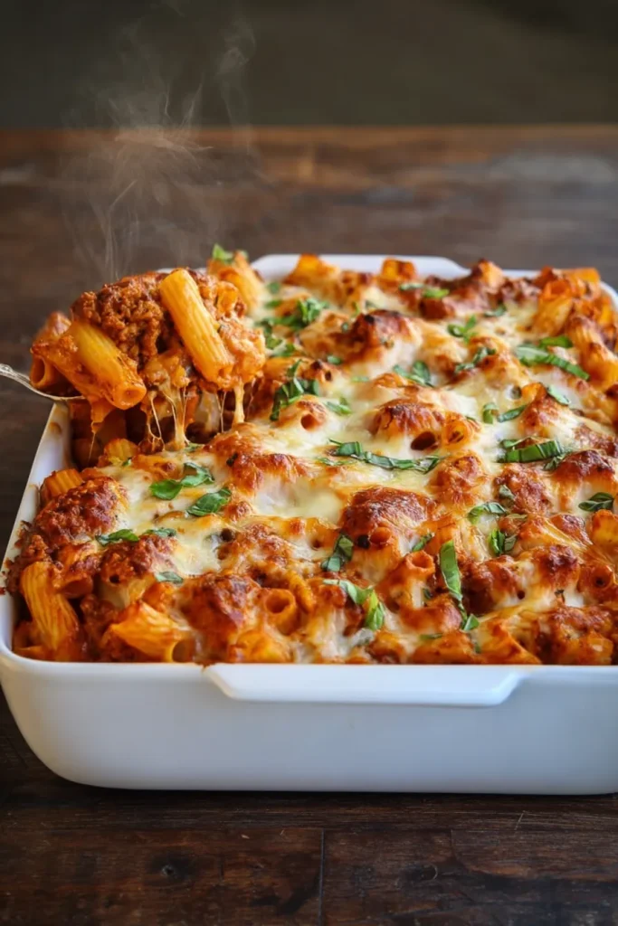 Baked ziti with browned mozzarella and sausage tomato sauce being served from a baking dish
