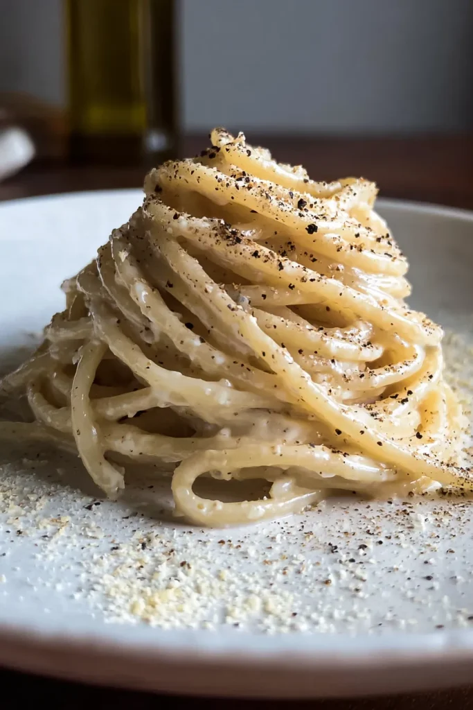 Fork twirling glossy cacio e pepe spaghetti with pecorino being grated over