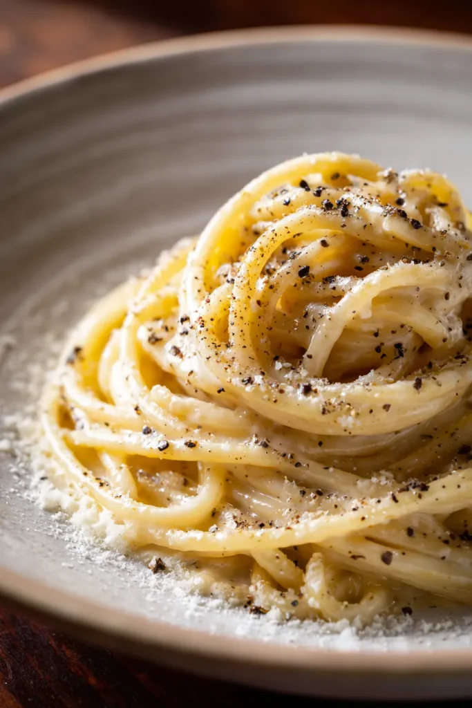 Cacio e pepe with glossy pecorino sauce and cracked black pepper in a white bowl