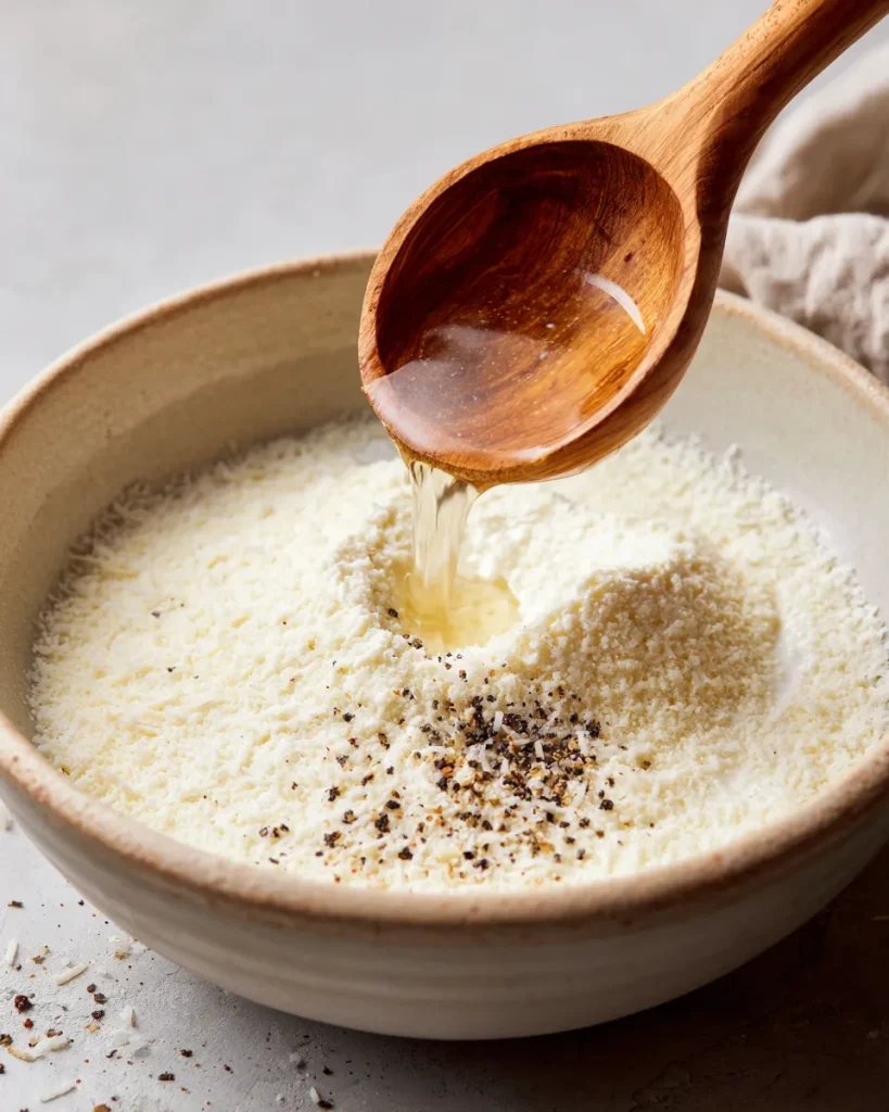 Grated pecorino being stirred with pasta water into a thick smooth paste
