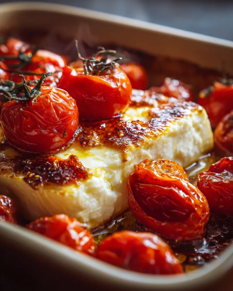 Roasted feta block with browned top surrounded by burst blistered tomatoes