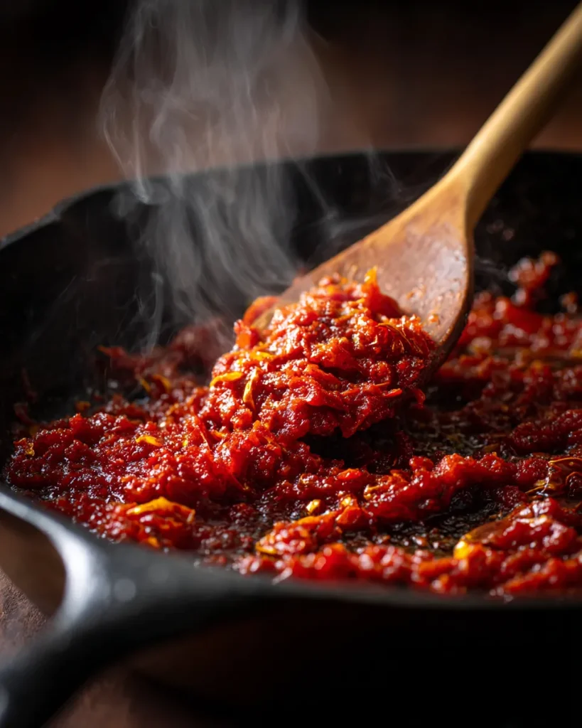 Tomato paste darkening with onions and sun-dried tomatoes in a skillet