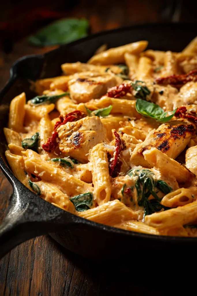 Marry me chicken pasta with sun-dried tomatoes and parmesan in a cast iron skillet