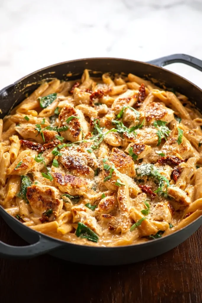 Fork lifting creamy chicken penne with sun-dried tomatoes from a skillet