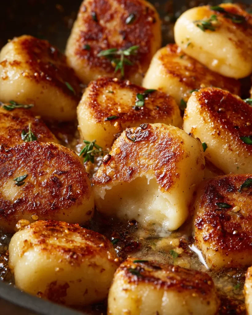 Close-up of golden crispy gnocchi crust with one broken open showing the soft centre