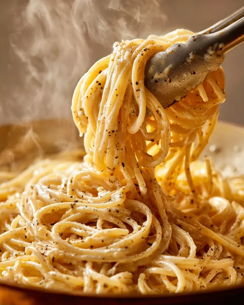 Close-up of glossy pecorino sauce coating spaghetti in a skillet