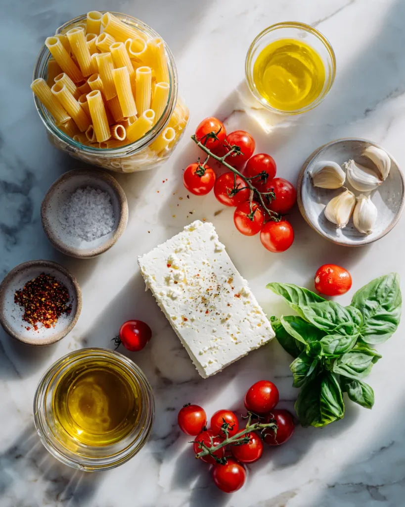 Feta block, cherry tomatoes, olive oil, rigatoni, garlic and basil on a marble counter