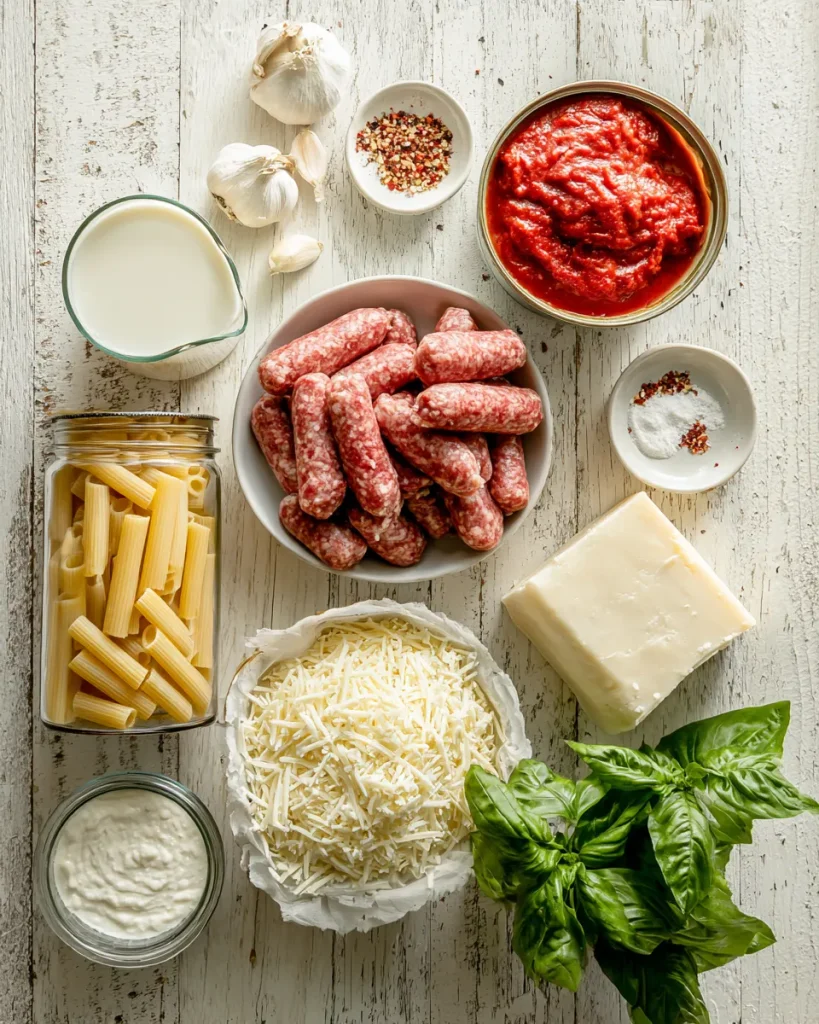 Chicken Italian sausage, ziti, crushed tomatoes, mozzarella and cream on a wooden counter