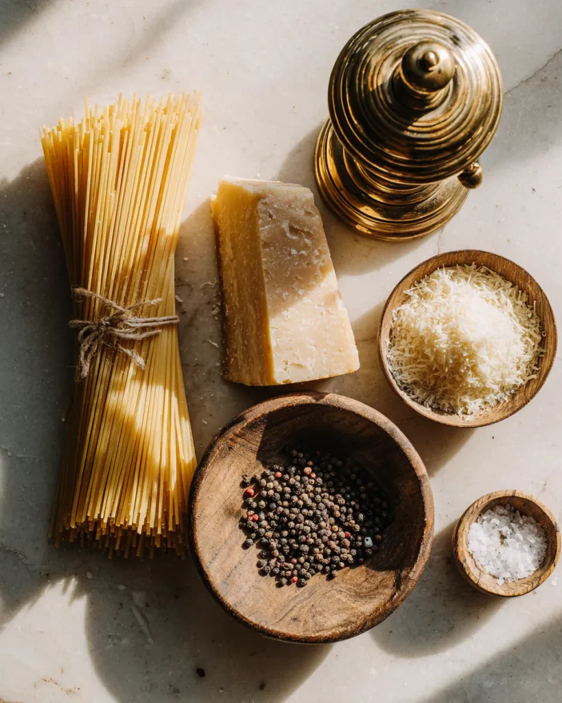 Spaghetti, pecorino romano wedge and black peppercorns on a stone counter