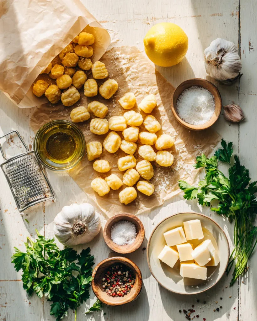 Shelf-stable gnocchi, butter, garlic, lemon and parmesan on a wooden counter