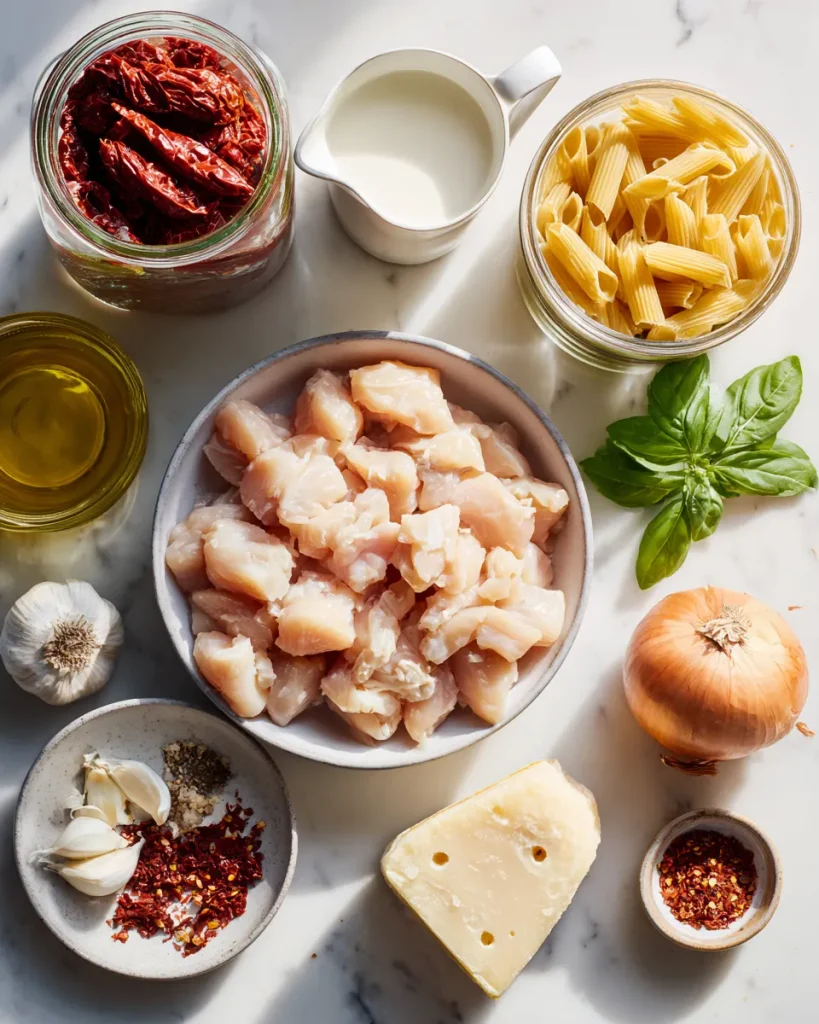 Chicken, penne, sun-dried tomatoes, cream and parmesan laid out on a marble counter