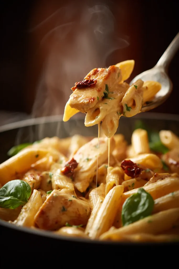 Cream and spinach being stirred into chicken penne in a skillet