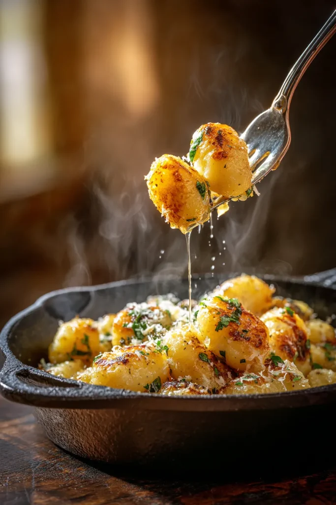 Fork lifting crispy golden gnocchi from a skillet with browned butter