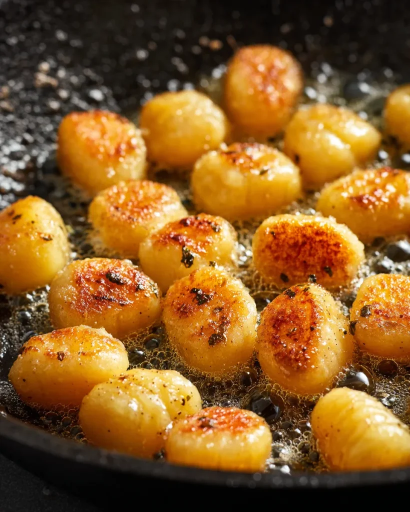Gnocchi laid out in a single layer in a hot skillet starting to brown