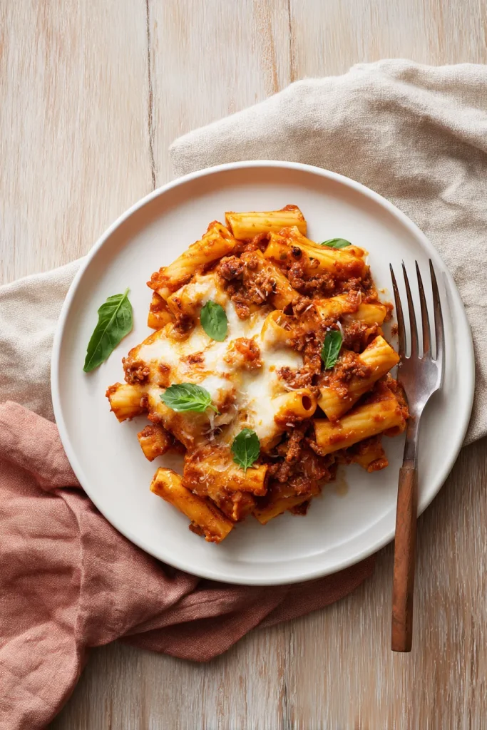 Overhead plate of baked ziti with sausage sauce and melted mozzarella