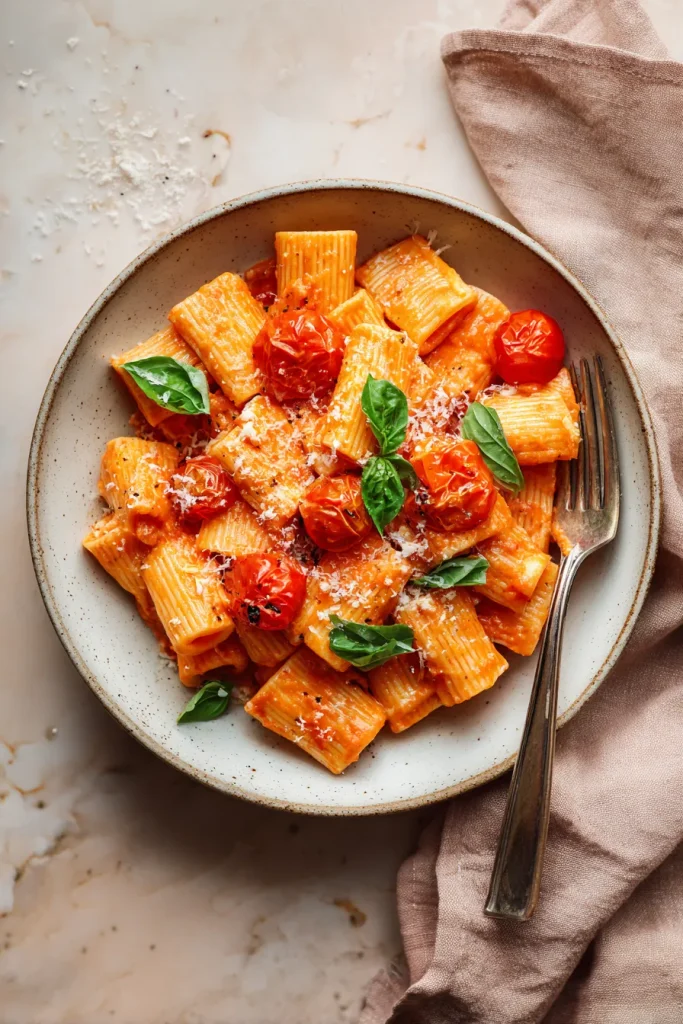 Fork lifting creamy tomato feta pasta from a bowl with steam rising
