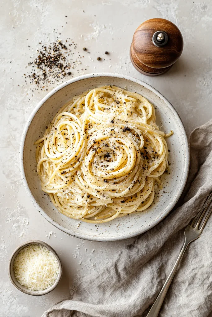 Overhead bowl of Roman cacio e pepe with pecorino and black pepper
