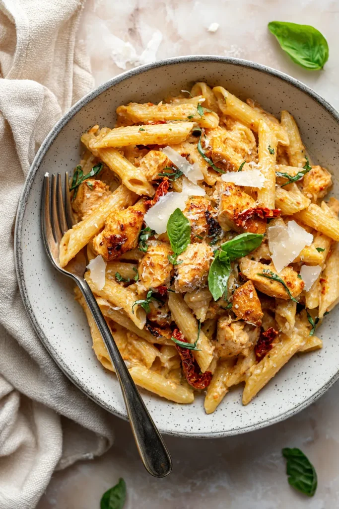Overhead bowl of creamy chicken penne with basil and parmesan