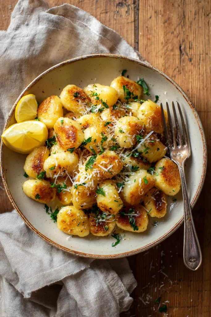 Overhead bowl of golden crispy gnocchi with parmesan and parsley