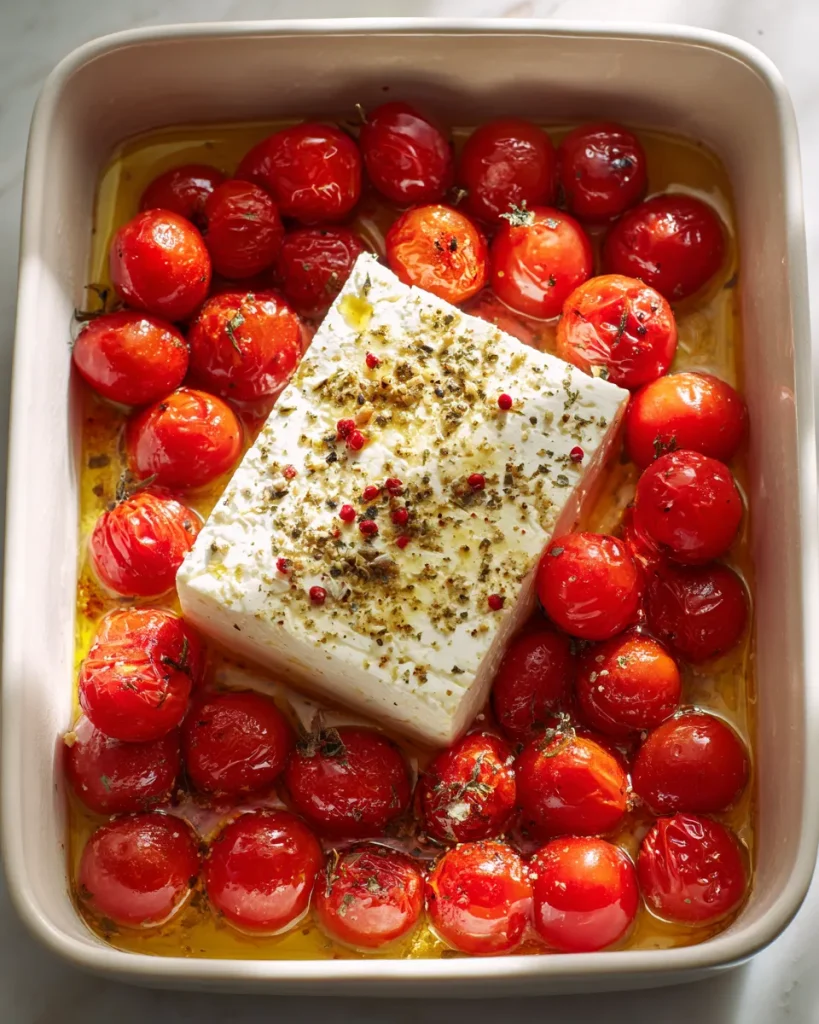 Block of feta surrounded by cherry tomatoes and olive oil before roasting